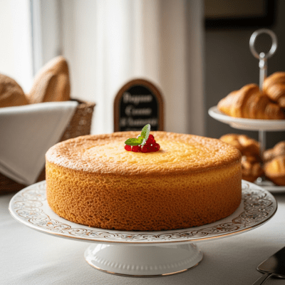 A realistic image of a whole Genoise (cake) displayed on a classic dessert table in a home or bakery setting