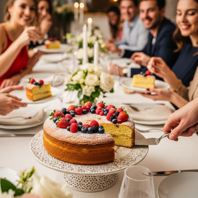 A scene showing the Genoise (cake) being served or enjoyed at a festive occasion, such as a birthday party or wedding