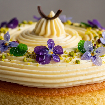 Close-up macro photograph of the surface texture and decoration of a Genoise (cake)