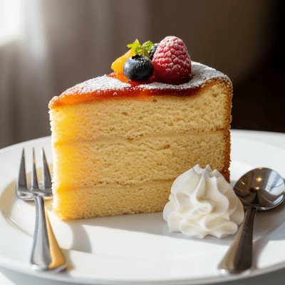 An image of a single slice of Genoise, from the cake taxonomy, isolated on a plate with simple cutlery