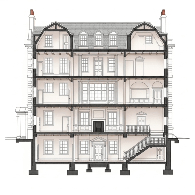 Detailed cross-sectional illustration or cutaway view showing the internal layout and key structural elements of the Georgian (architecture)
