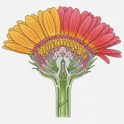 Cross-sectional illustration of a Gerbera (flowers), showing internal parts such as stem, petals, and reproductive organs