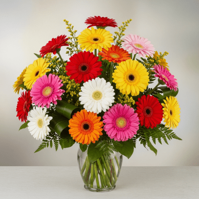 Image of a Gerbera (flowers) arranged in a traditional bouquet or floral arrangement