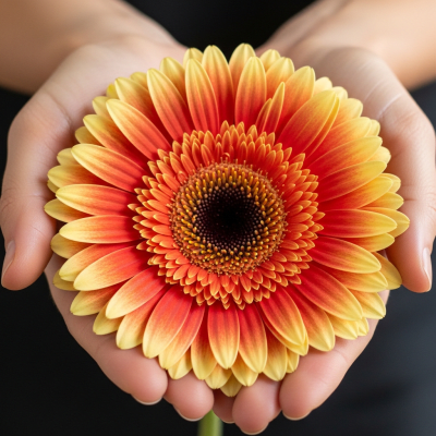 Photograph of a Gerbera (flowers) being held or interacted with by a person in a gentle way