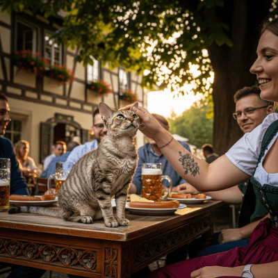Image of a German Rex interacting with humans or participating in cultural activities