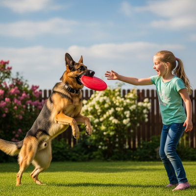 Image of a German Shepherd interacting with humans in a typical cultural or domestic setting