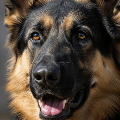Close-up photograph of the face of a German Shepherd