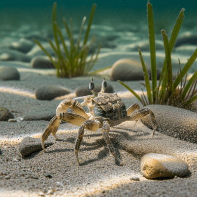 Photo-realistic underwater image of a live Ghost Crab, in the context of the taxonomy crabs