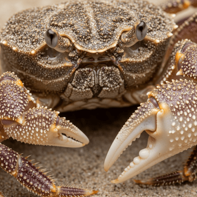 Close-up macro photograph of the shell texture and claws of a single Ghost Crab