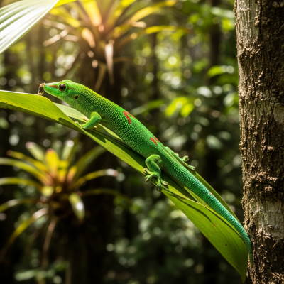 A dynamic action scene featuring a single Giant Day Gecko (lizards) running, climbing, or catching prey in its typical environment