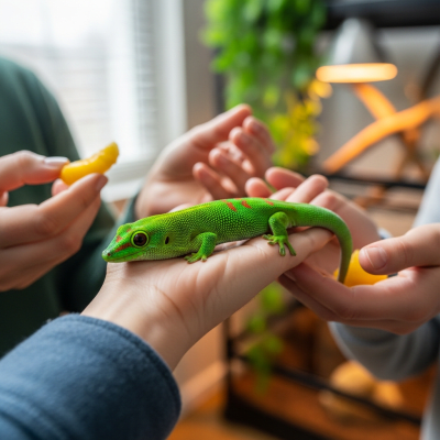 Image of a Giant Day Gecko interacting with humans in a responsible pet-keeping context