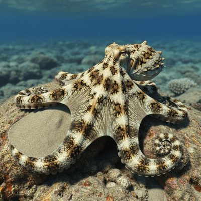 Illustration of a Giant Pacific Octopus displaying camouflage behavior within its environment, blending into rocks, sand, or coral