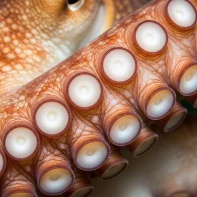 Naturalistic close-up photograph of a single arm of a Giant Pacific Octopus, focusing on the suckers, skin texture, and coloration details
