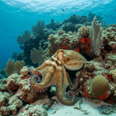 A realistic underwater scene featuring a Giant Pacific Octopus of the taxonomy octopuses in its natural marine environment