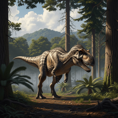 Realistic depiction of a Giganotosaurus in its prehistoric natural environment