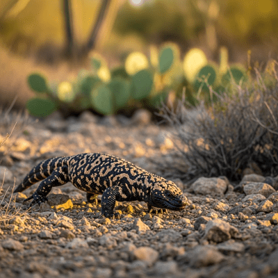 A dynamic action scene featuring a single Gila Monster (lizards) running, climbing, or catching prey in its typical environment