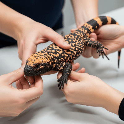 Image of a Gila Monster interacting with humans in a responsible pet-keeping context