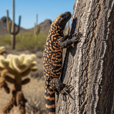 A dynamic action shot of a Gila Monster, part of the taxonomy reptiles, in motion such as climbing, swimming, basking, or hunting in its environment