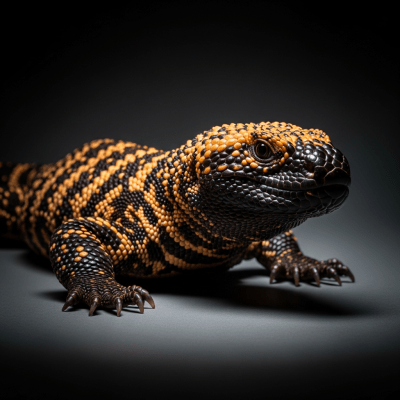 A striking, editorial-style portrait of a Gila Monster (reptiles) in dramatic lighting.
