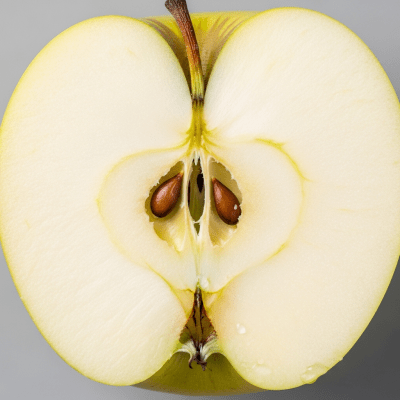 A close-up image showing a cross-section of a Ginger Gold of the taxonomy apples, sliced cleanly in half to reveal internal structure, seeds, and flesh