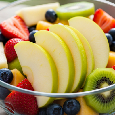 A photograph of a freshly sliced Ginger Gold of the taxonomy apples, presented as part of a fruit salad in a clear bowl
