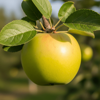 A naturalistic photograph of a Ginger Gold, hanging on its tree branch with leaves visible