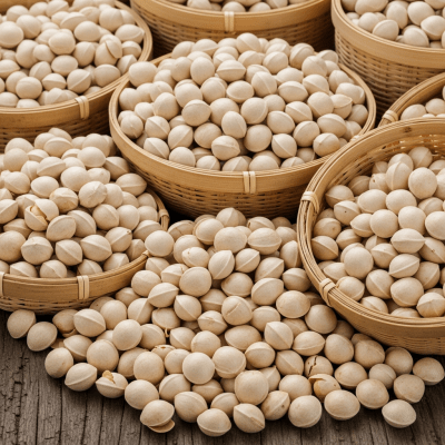 Photo showing harvested Ginkgo nut (nuts) nuts in bulk, such as in baskets or containers