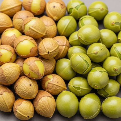 Image of a handful of unshelled and shelled Ginkgo nut (nuts), side by side