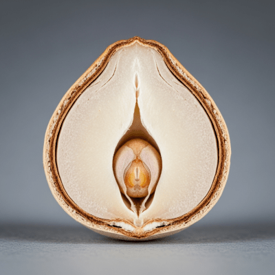 Macro close-up image showing the interior cross-section of a Ginkgo nut (nuts)