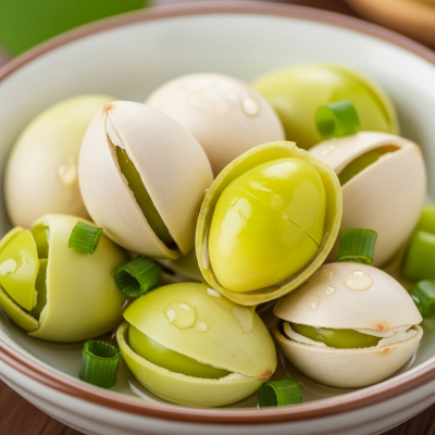 Photograph of a Ginkgo nut (nuts) as used in cuisine, such as in a dish or as an ingredient