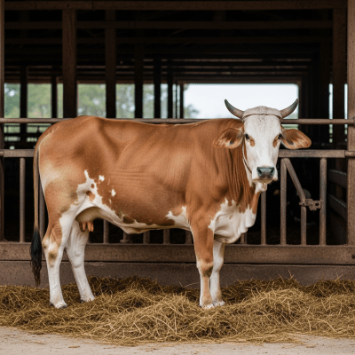 Documentary-style image of a Gir in a barn or shelter environment, showing typical housing conditions for cows