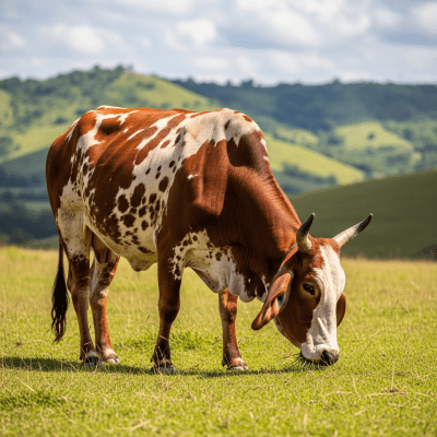 Naturalistic image of a Gir in its typical environment, such as a grassy pasture or open field