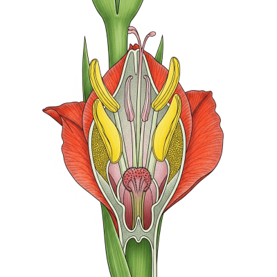 Cross-sectional illustration of a Gladiolus (flowers), showing internal parts such as stem, petals, and reproductive organs