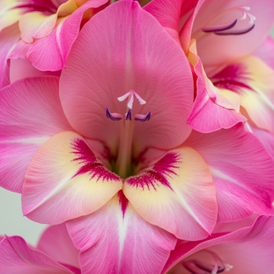 Detailed macro image of a Gladiolus (flowers), focusing on the intricate structure of petals, stamens, and pistil