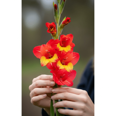 Photograph of a Gladiolus (flowers) being held or interacted with by a person in a gentle way