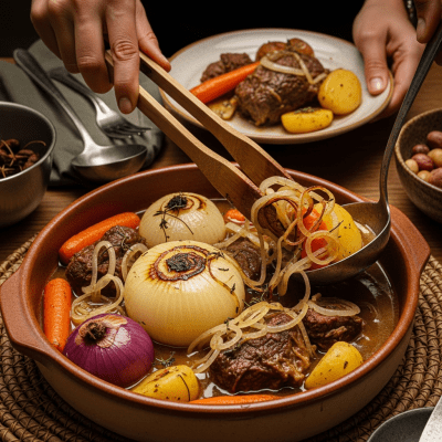 A cultural representation of a Globe onion (onions) featured in a traditional dish or meal setting