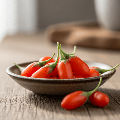 A high resolution image of several fresh Goji Berrys arranged in a simple bowl, representing their use within the taxonomy berries