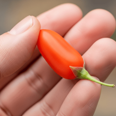 A factual photograph of a hand holding a ripe Goji Berry, illustrating its size and appearance for the taxonomy berries