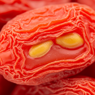 A detailed macro close-up of the surface texture of a fresh Goji Berry
