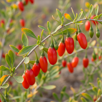 A naturalistic photograph of a Goji Berry growing on its plant in its typical environment, representing the taxonomy berries