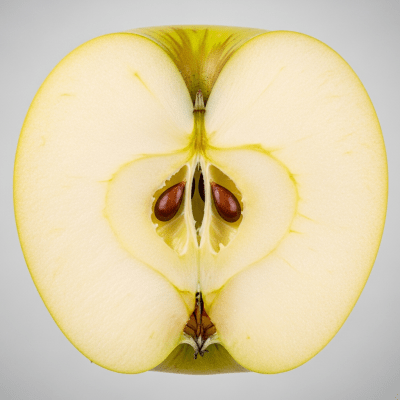 A close-up image showing a cross-section of a Golden Delicious of the taxonomy apples, sliced cleanly in half to reveal internal structure, seeds, and flesh
