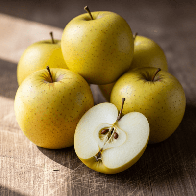 A simple arrangement showing several whole and one cut-open Golden Delicious, displayed on a wooden surface