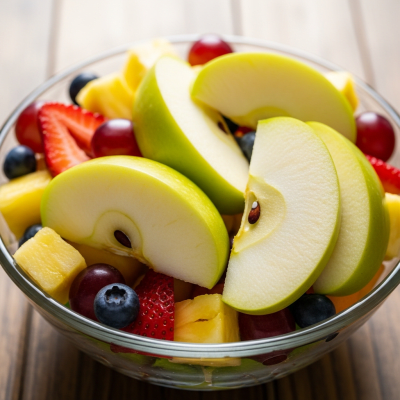 A photograph of a freshly sliced Golden Delicious of the taxonomy apples, presented as part of a fruit salad in a clear bowl