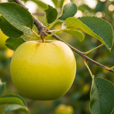 A naturalistic photograph of a Golden Delicious, hanging on its tree branch with leaves visible