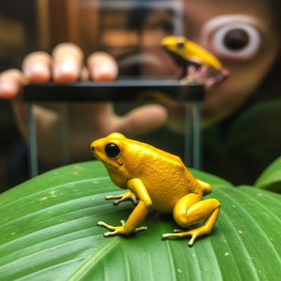 Photograph showing a Golden Poison Dart Frog in interaction with humans or within a cultural context, such as being observed by scientists or featured in educational settings