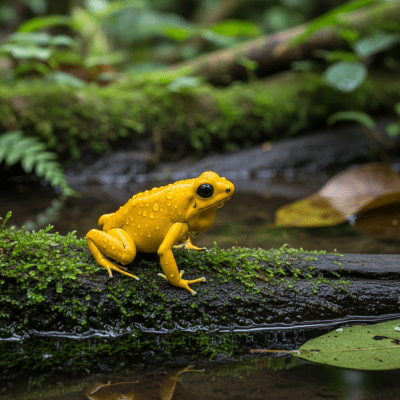 A detailed image of a Golden Poison Dart Frog (amphibians) in its natural habitat
