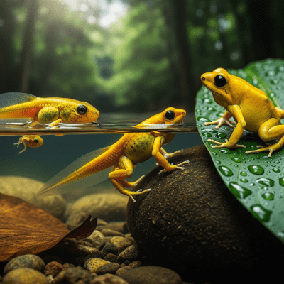 Image of a Golden Poison Dart Frog (amphibians) at the moment of transformation, such as metamorphosis from tadpole to adult
