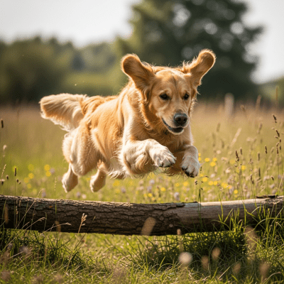 Full body action shot of a Golden Retriever