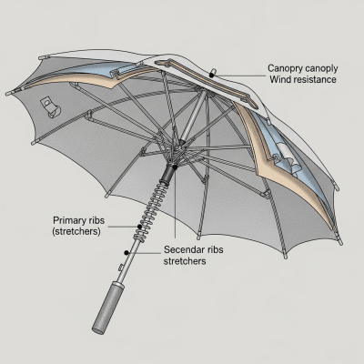 Detailed cross-sectional illustration of a Golf Umbrella, showing the internal structure such as ribs, shaft, and canopy fabric