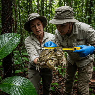 Photograph showing a Goliath Frog in interaction with humans or within a cultural context, such as being observed by scientists or featured in educational settings